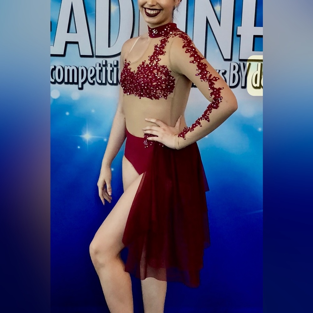 Custom Hand Made Dance Costume + Swarovski Crystals Maroon Lace with Head Piece